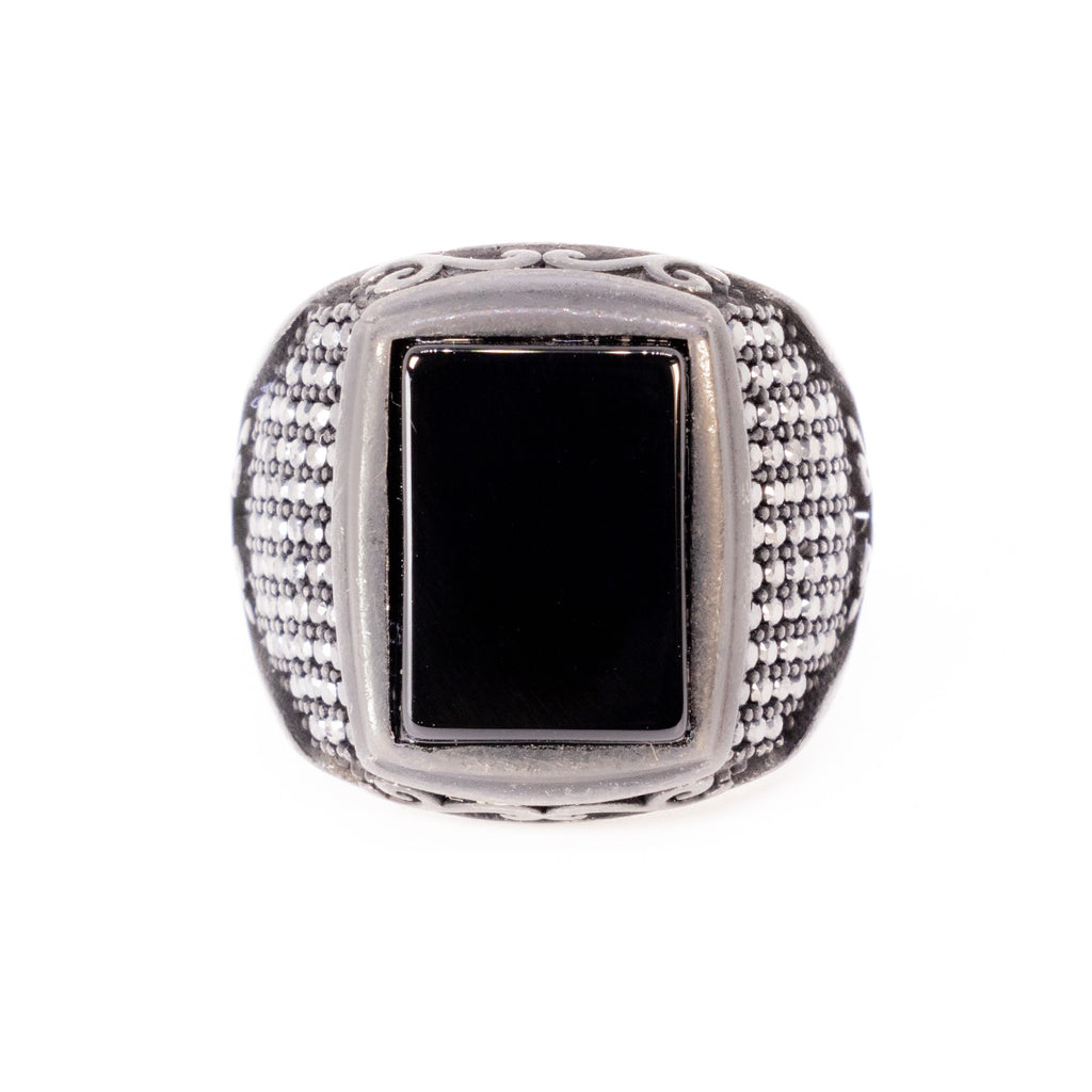 Emerald Cut Onyx Ring in Sterling Silver and Rhodium