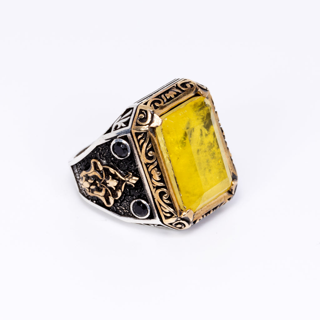 Emerald Cut Yellow Topaz Ring in Sterling Silver and Rhodium