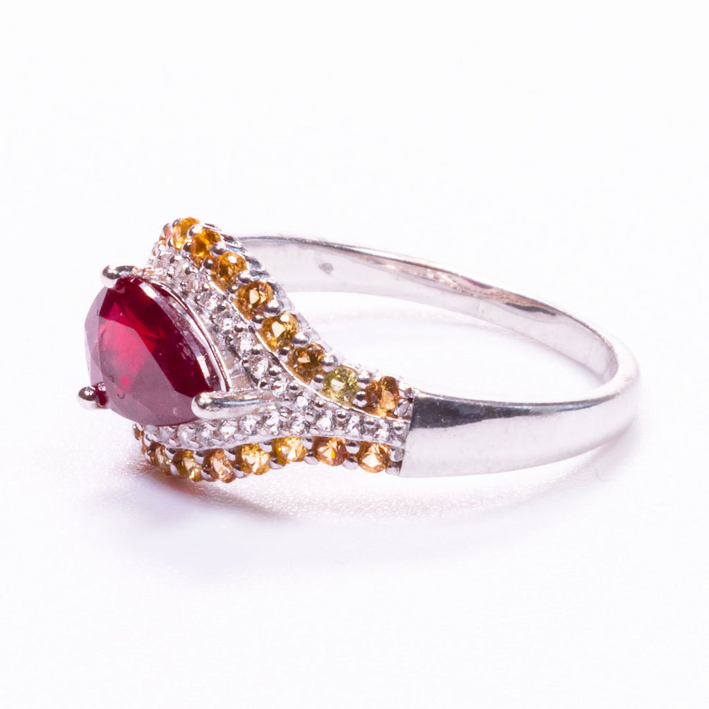 Ruby With White Zircon Pear Oval Cut Ring