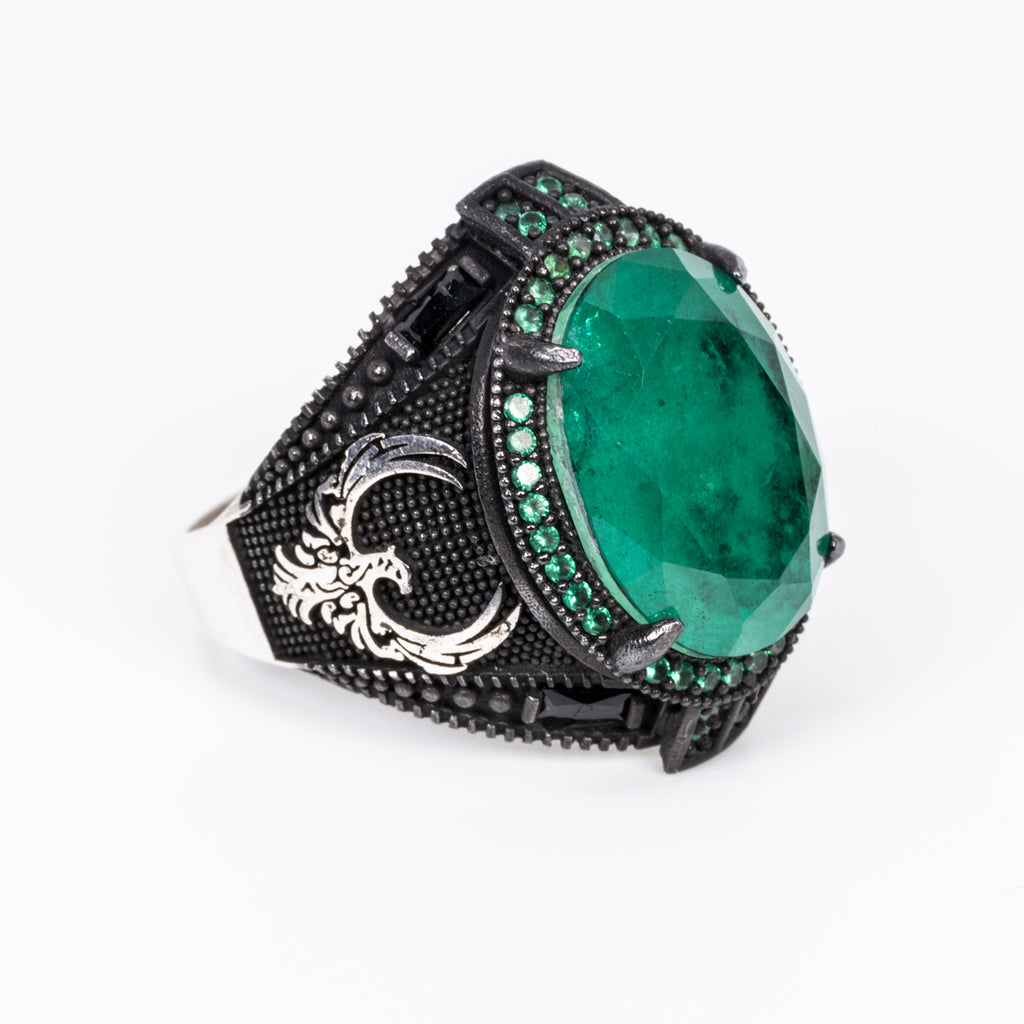 Oval Emerald Ring in Sterling Silver and Rhodium