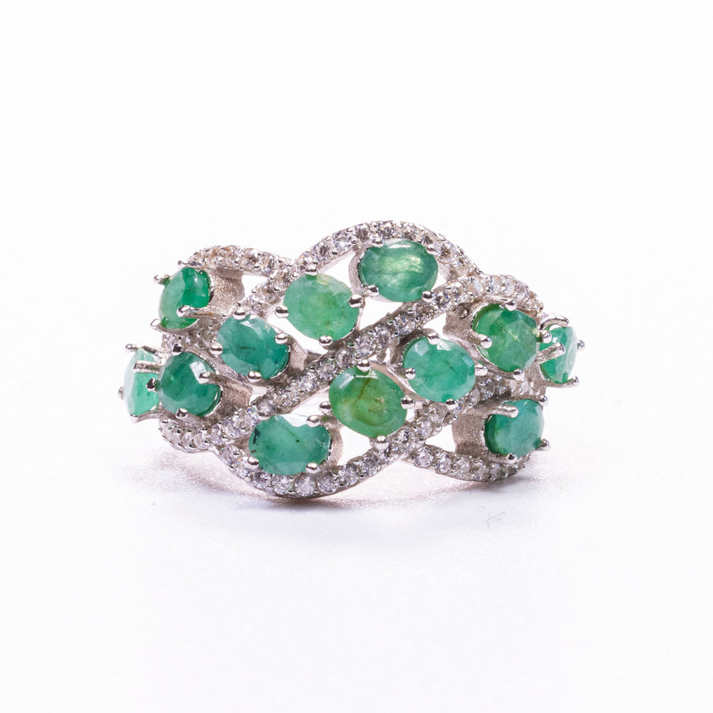 Emerald With White Zircon Multi Oval Ring