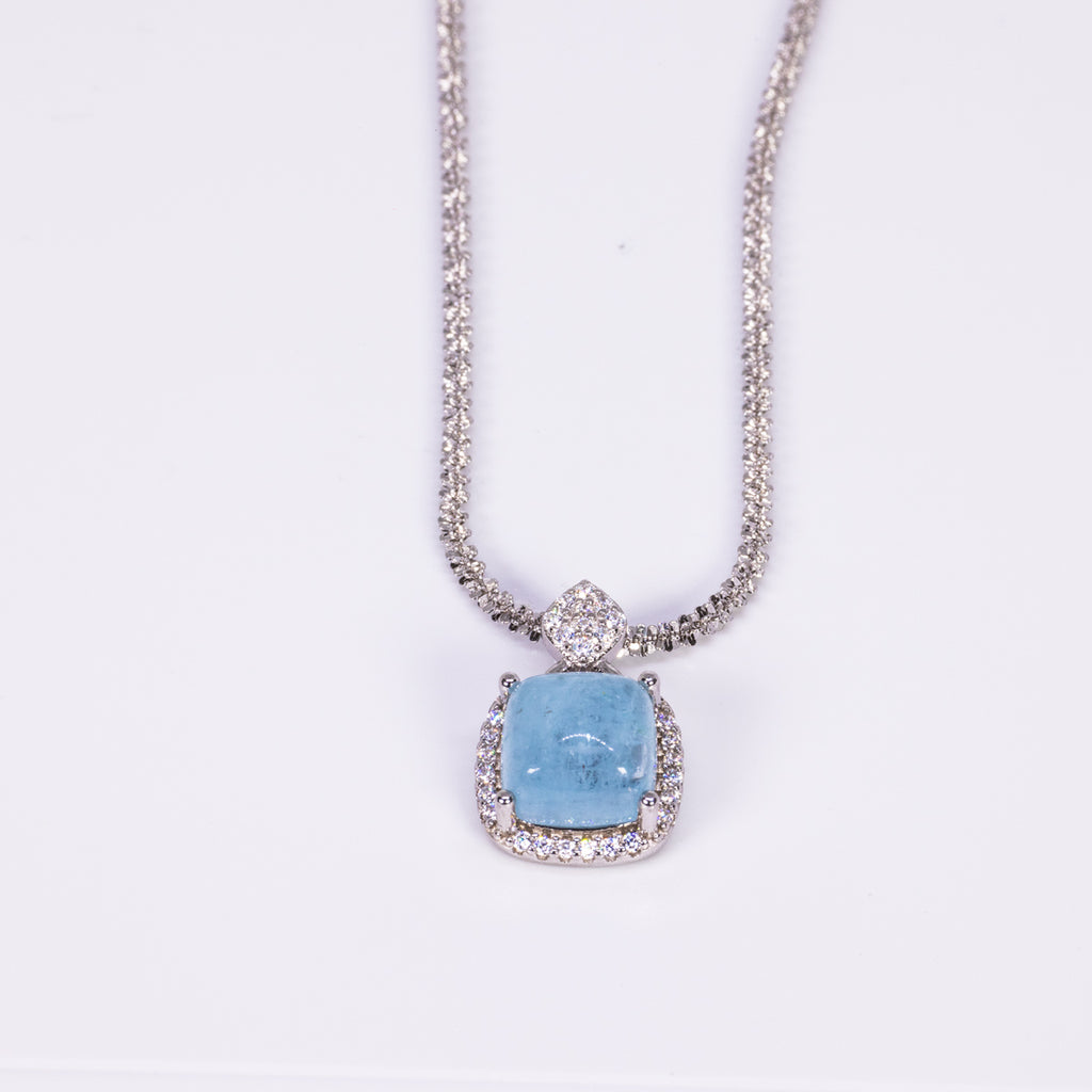 Aquamarine with White Zircon Square Cut Pendant in Sterling Silver and Rhodium