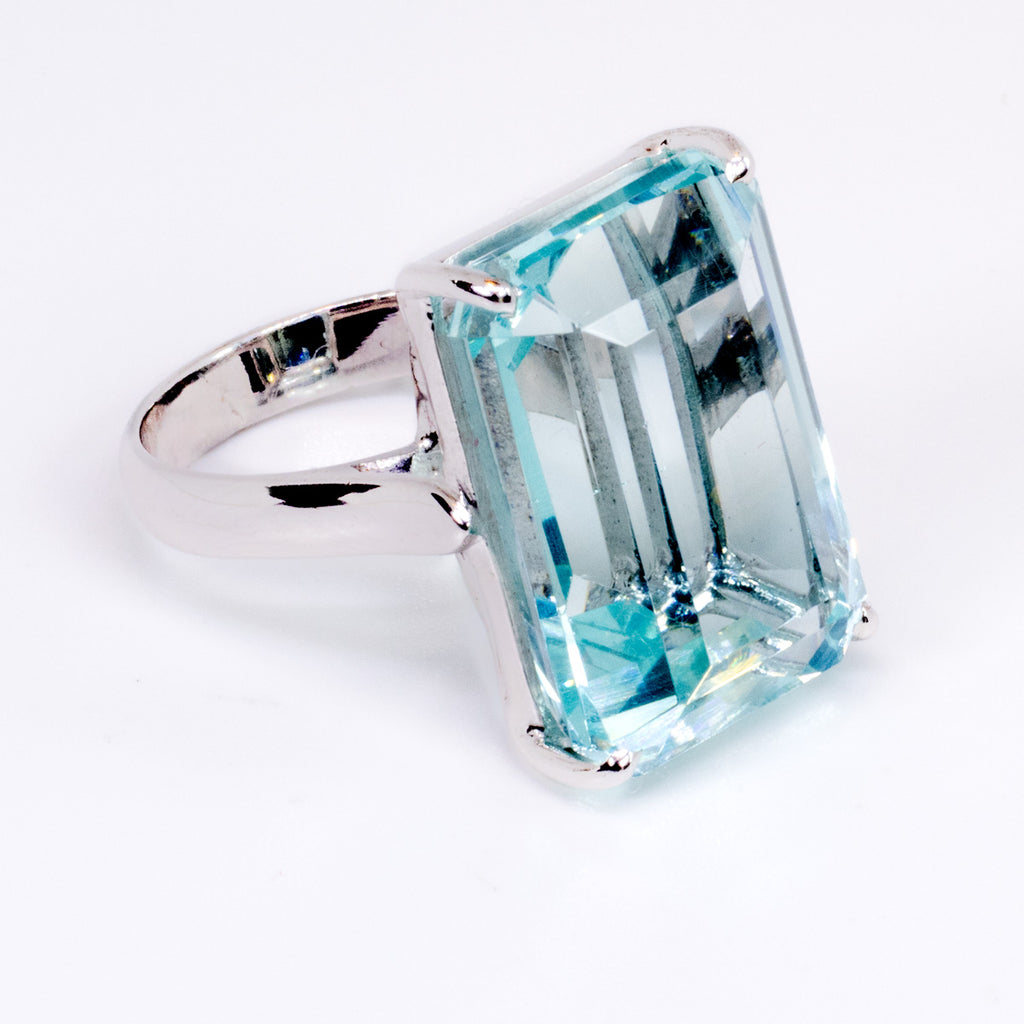 Aquamarine Emerald Cut Ring in Sterling Silver and Rhodium