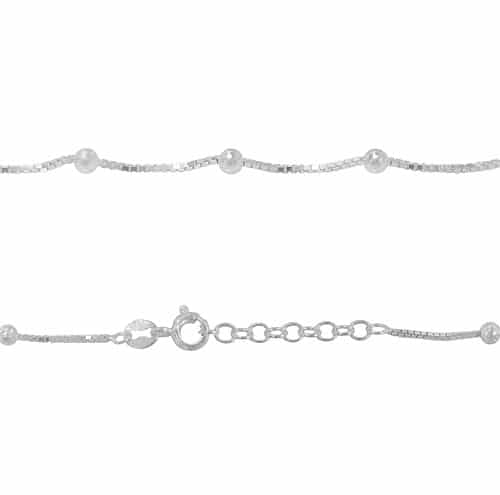 Simple Beaded Box Link Chain Anklet in Sterling Silver and Rhodium