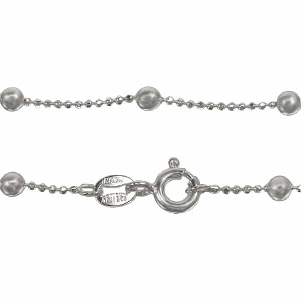Diamond Cut Bead Anklet in Sterling Silver and Rhodium