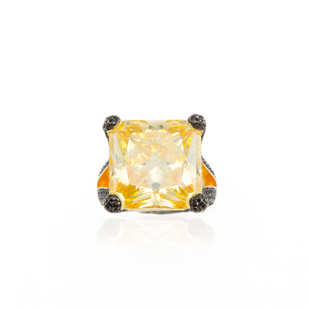Princess Cut Yellow Topaz and Onyx Ring in Sterling Silver, Black Rhodium and 18k Gold