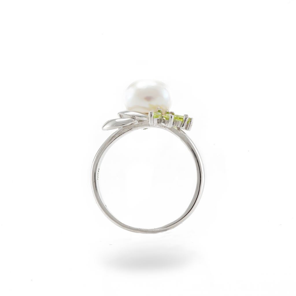 Marquise Cut Peridot and Pearl Ring in Sterling Silver and Rhodium