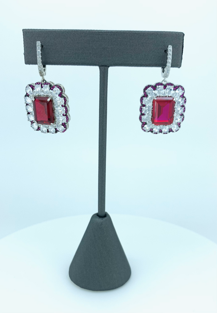 Ruby with American Diamonds Earrings in Sterling Silver and Rhodium