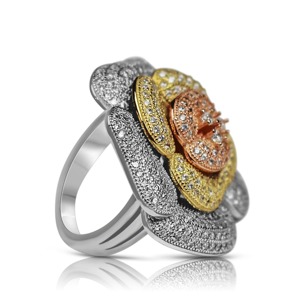 Cubic Zirconia Flower Ring in Sterling Silver and 18k Gold