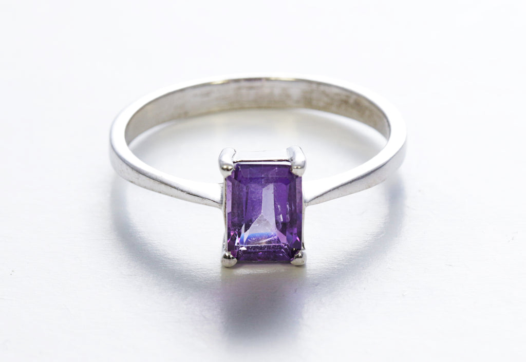 Emerald-Cut Amethyst Solitaire Ring in Sterling Silver and Rhodium