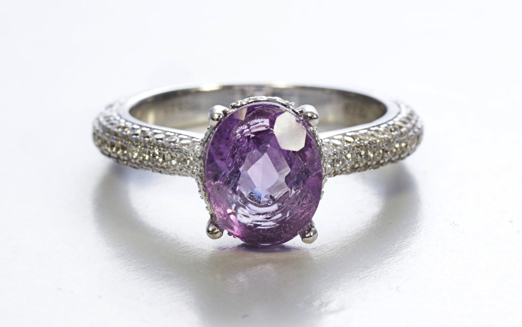 Oval Amethyst with Cubic Zirconia Micro Pave Ring in Sterling Silver and Rhodium