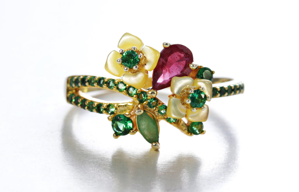 Floral Ring with Ruby, Emerald and Shell in Sterling Silver and Rhodium
