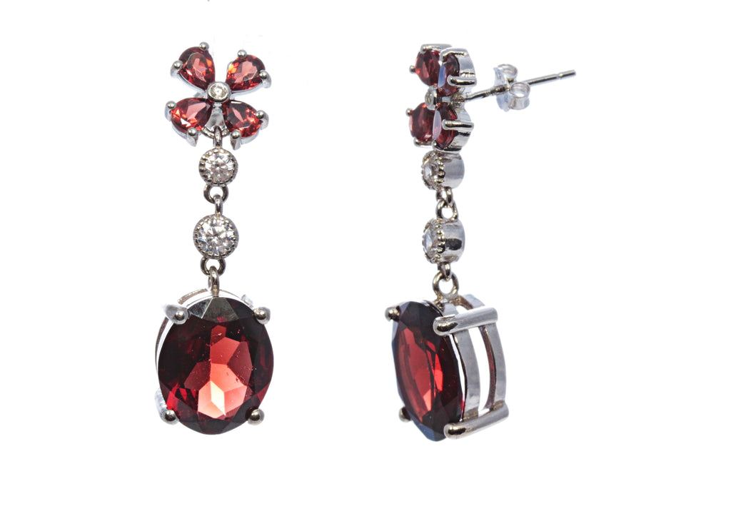 Oval Garnet Drop Earring with CZ Accents in Sterling Silver and Rhodium