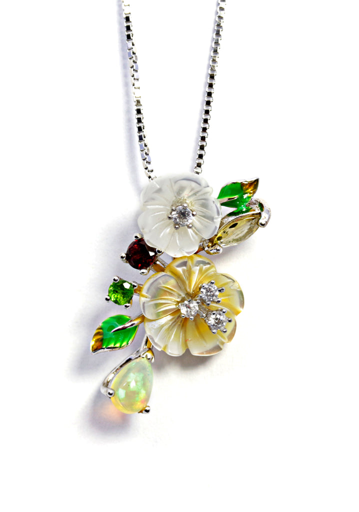 Floral Multi Stone Flower Pendant in Sterling Silver and Rhodium