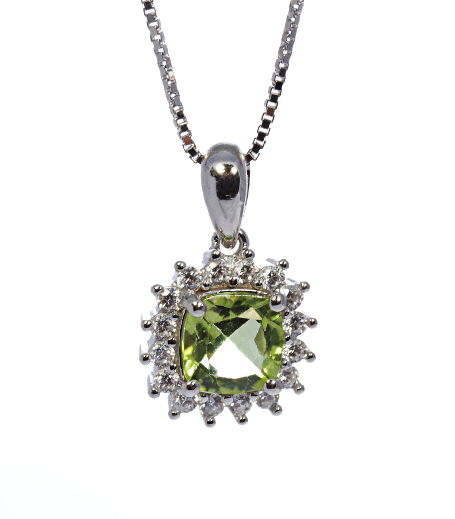 Cushion Peridot Pendant with CZ Accents in Sterling Silver and Rhodium