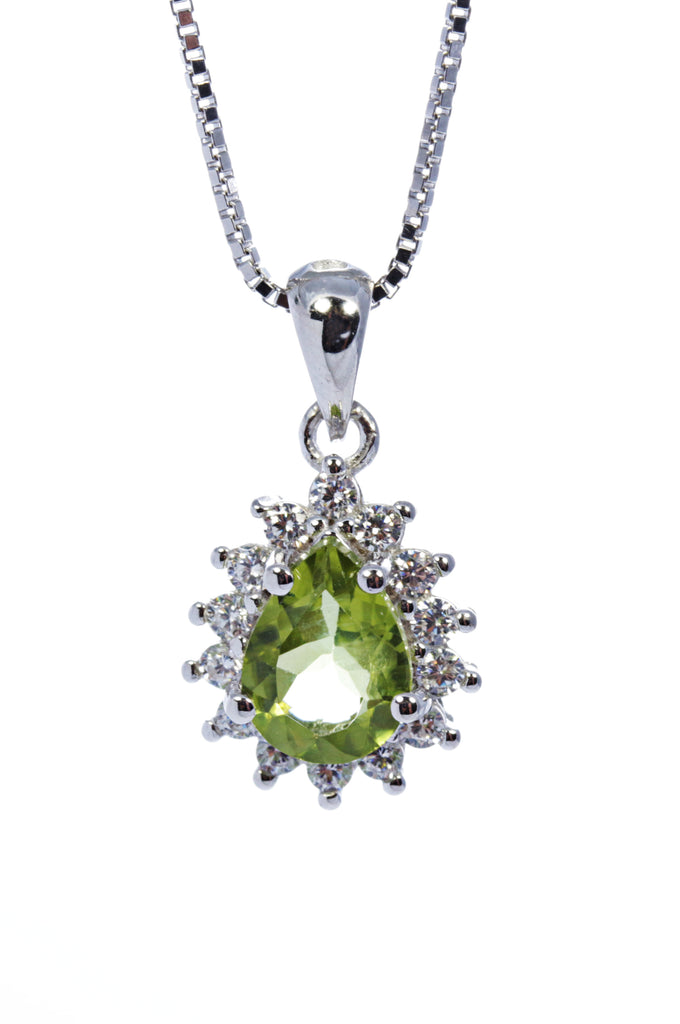 Pear Peridot Pendant with CZ Accents in Sterling Silver and Rhodium