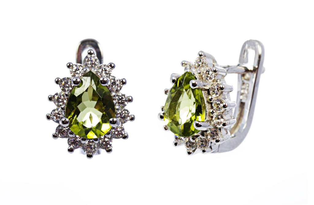 Pear Peridot Earring with CZ Accents in Sterling Silver and Rhodium