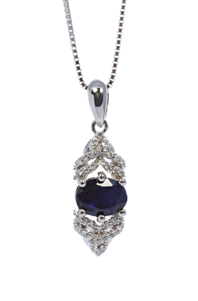 Oval Sapphire Pendant with CZ Accents in Sterling Silver and Rhodium