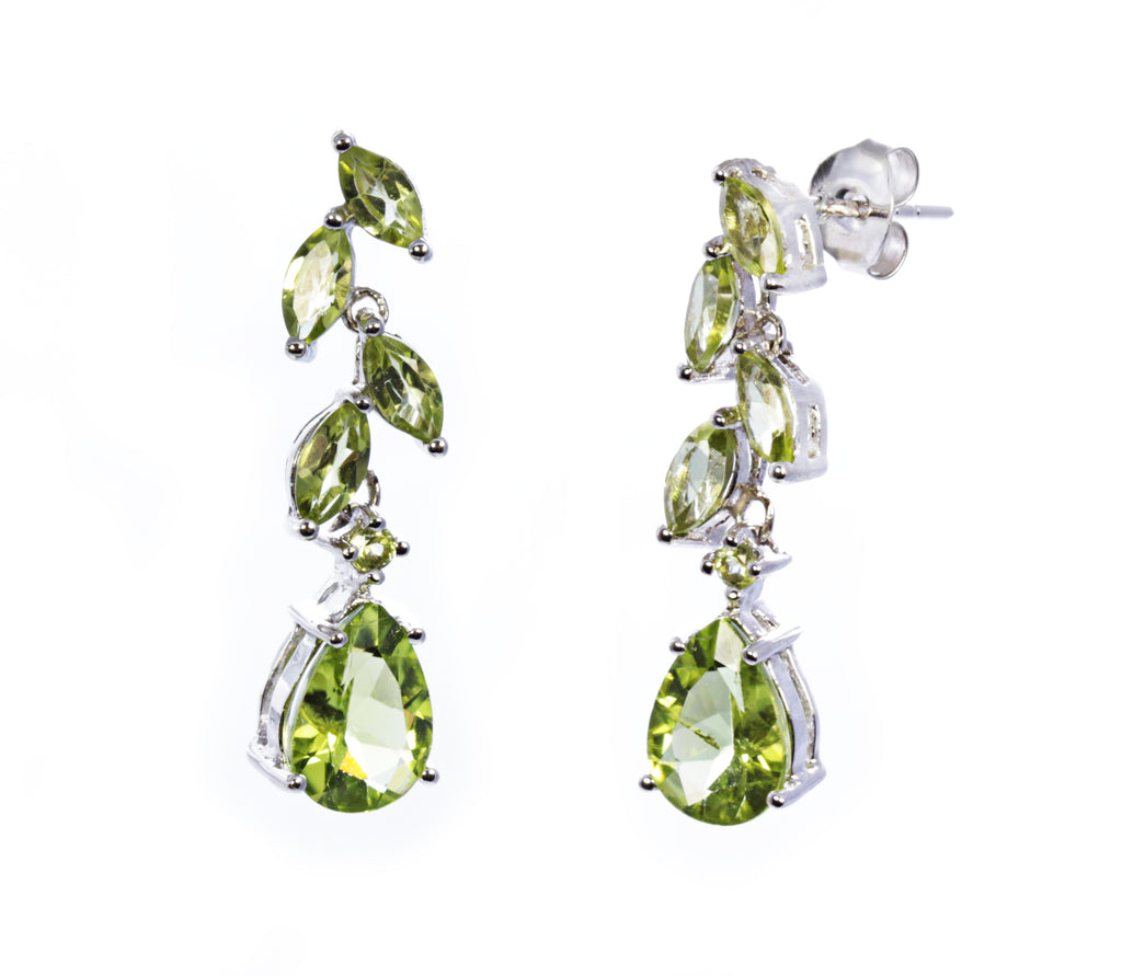 Peridot Leaf Drop Earring in Sterling Silver and Rhodium