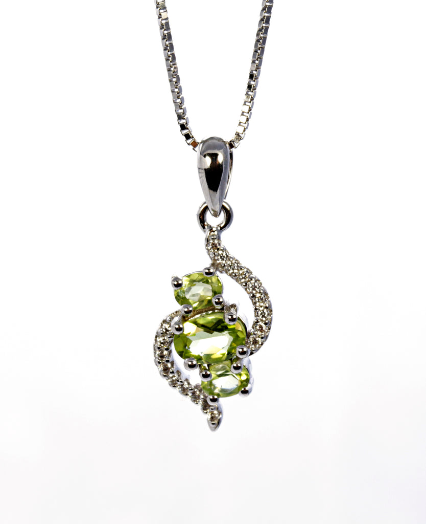 3 Stone Peridot Bypass Pendant in Sterling Silver and Rhodium