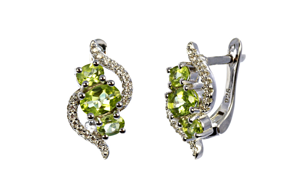 3 Stone Peridot Bypass Earring in Sterling Silver and Rhodium