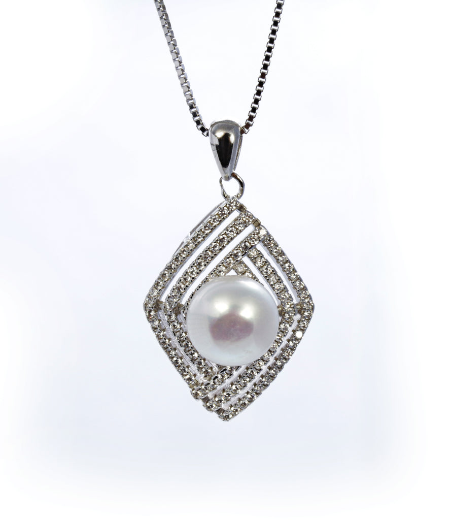 Pearl Pendant with Cubic Zirconia Accents in Sterling Silver and Rhodium