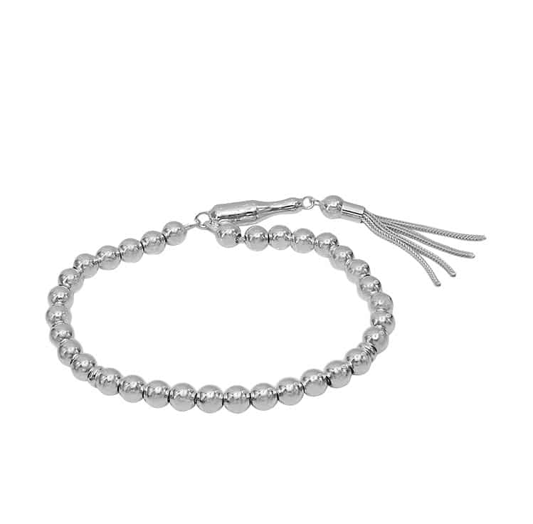 Ball Bead Bracelet with Tassel Charm in Sterling Silver and Rhodium