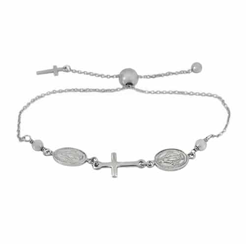 Virgin Mary and Cross Adjustable Bracelet in Sterling Silver and Rhodium