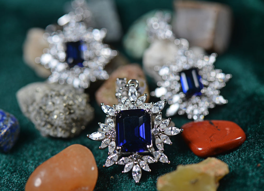 Sapphire Pendant with Cubic Zirconia in Sterling Silver and Rhodium
