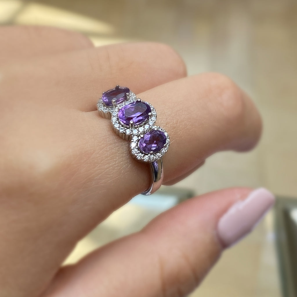 3 Oval Stone Amethyst Ring with Cubic Zirconia Halo in Sterling Silver and Rhodium
