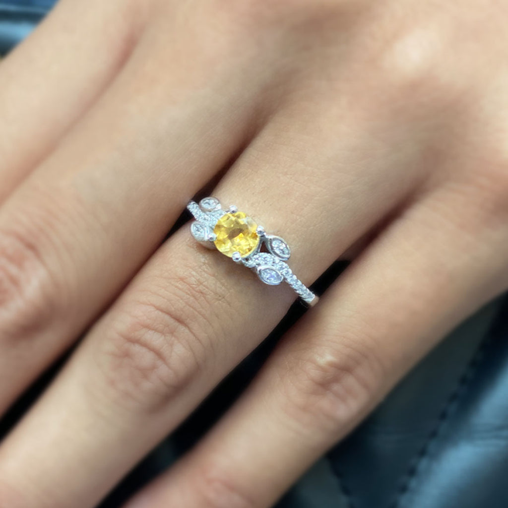 Yellow Topaz Ring with Cubic Zirconia in Sterling Silver and Rhodium