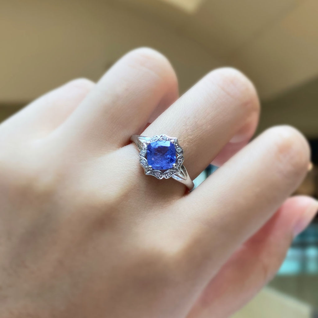 Tanzanite Ring with CZ Accents in Sterling Silver and Rhodium