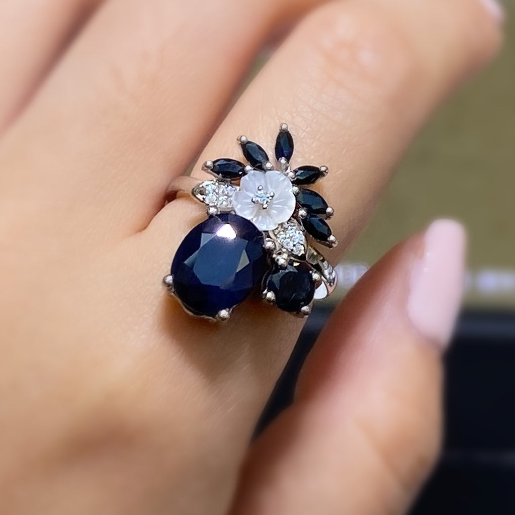 Floral Sapphire Ring with Shell in Sterling Silver and Rhodium