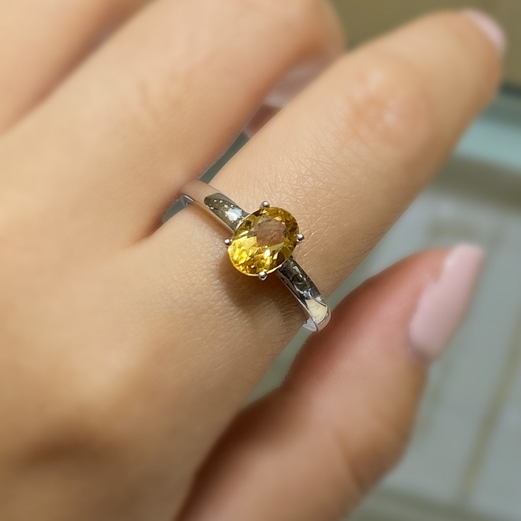 Yellow Topaz Solitaire Oval Ring in Sterling Silver and Rhodium