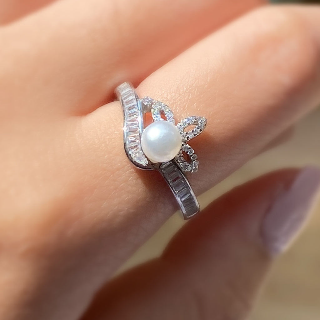 Pearl and Cubic Zirconia Ring in Sterling Silver and Rhodium