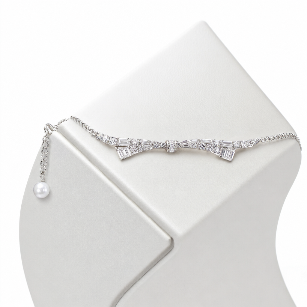 Gold Pe White Baguette Bow Tie Necklace — studio