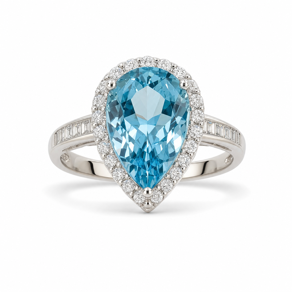 Gold Blue Topaz White Baguette Round Cut Band & Ring 7 — studio