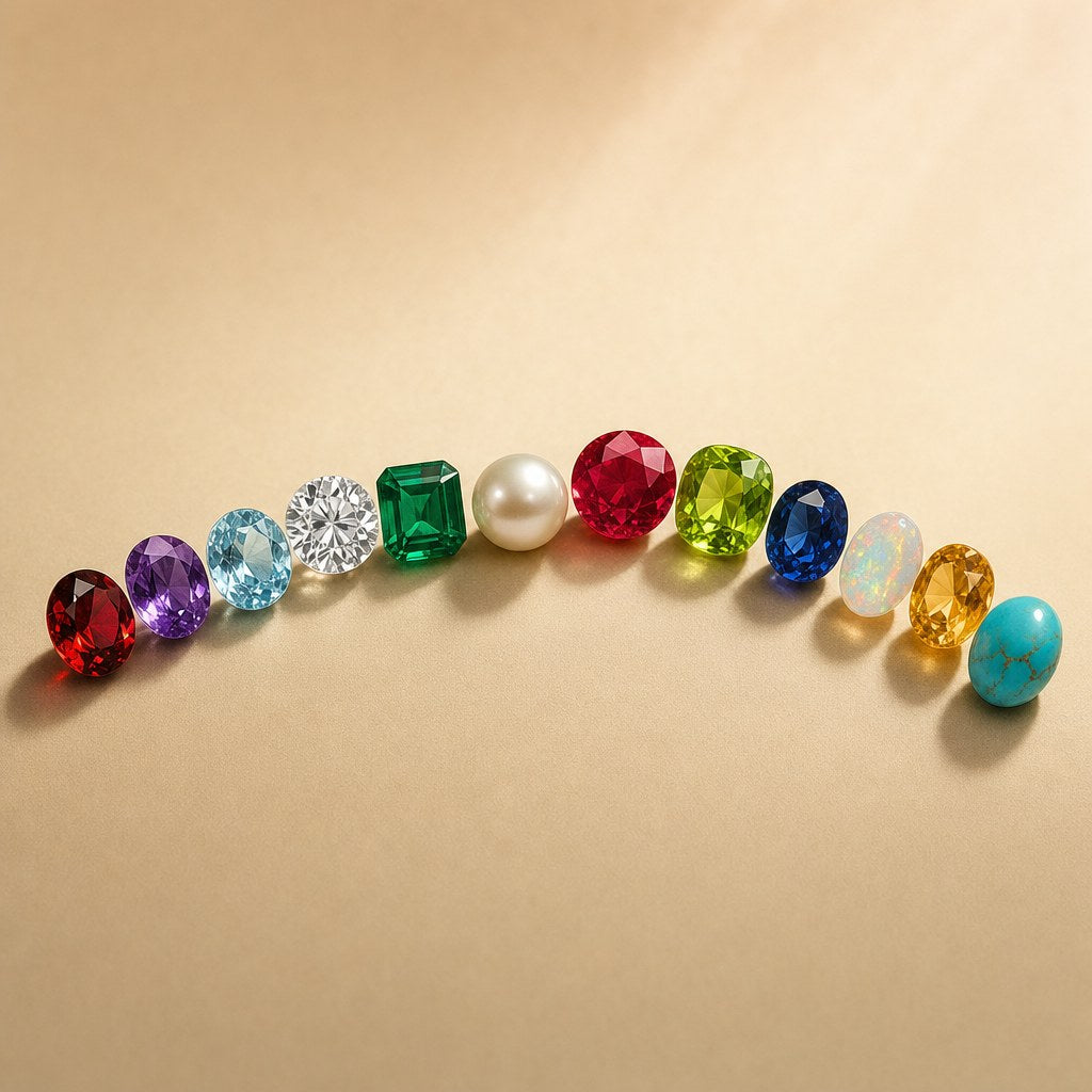 Loose birthstone gems in an arc