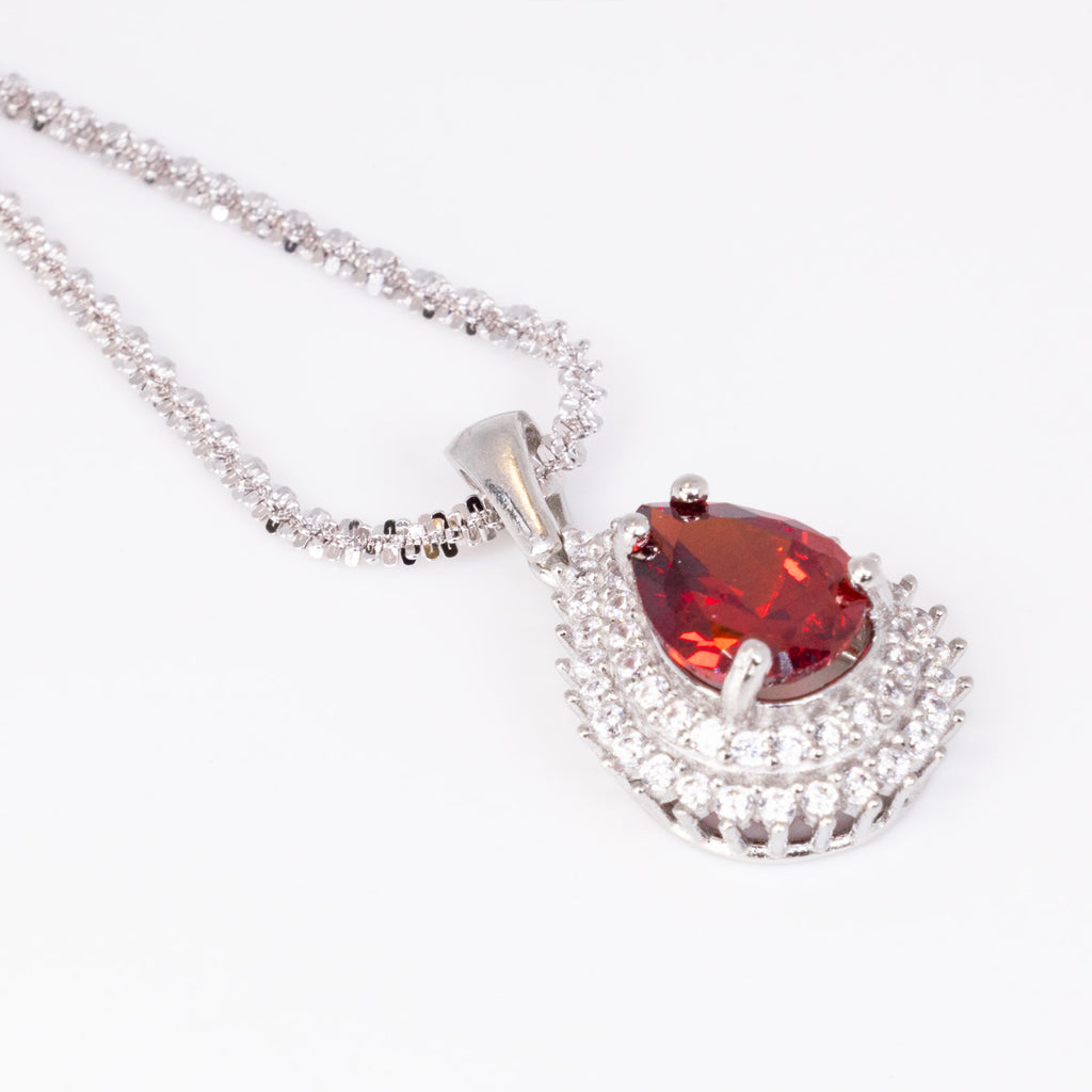 Garnet with Cubic Zirconia Pear Pendant in Sterling Silver and Rhodium