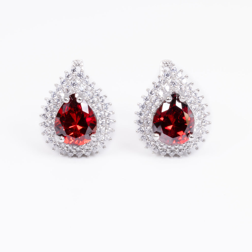 Garnet with Cubic Zirconia Pear Earring in Sterling Silver and Rhodium