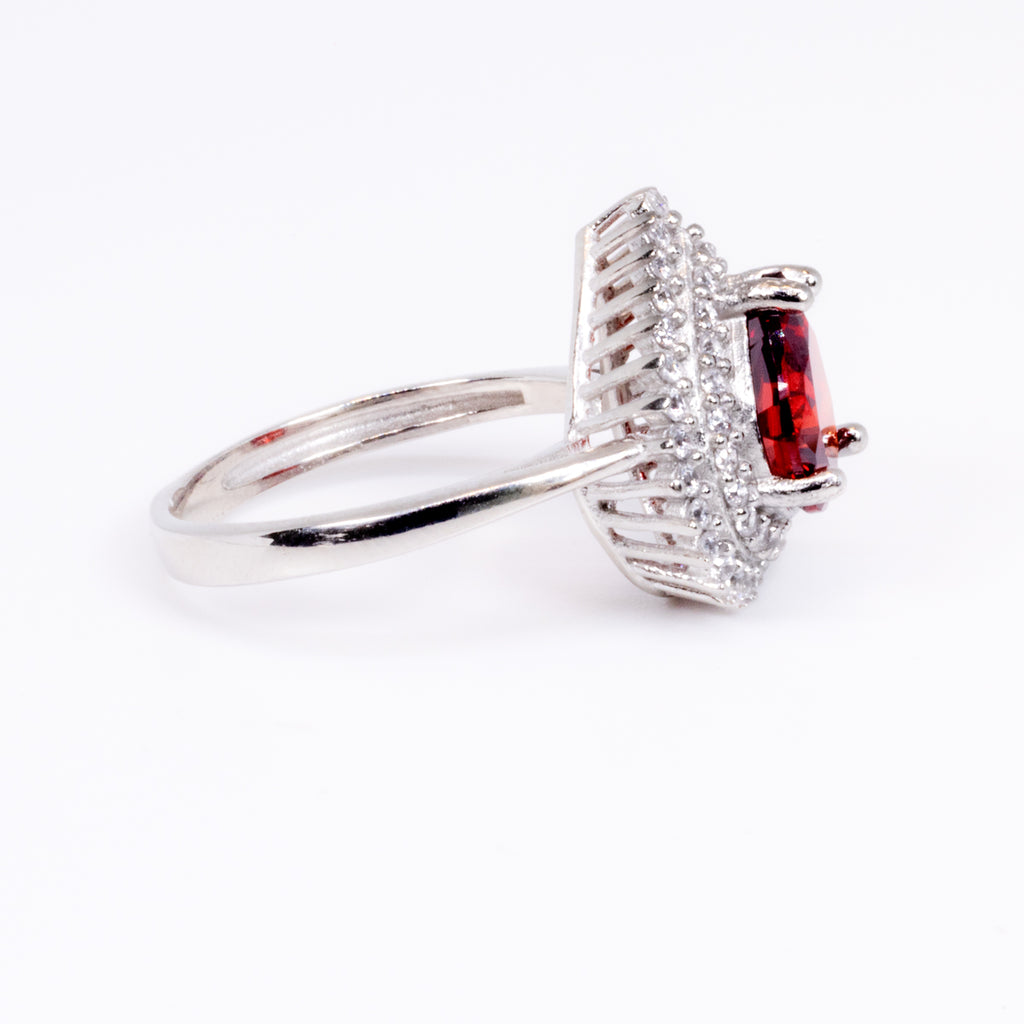 Garnet with Cubic Zirconia Pear Ring in Sterling Silver 925 and Rhodium