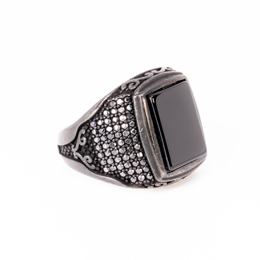 Emerald Cut Onyx Ring in Sterling Silver and Rhodium