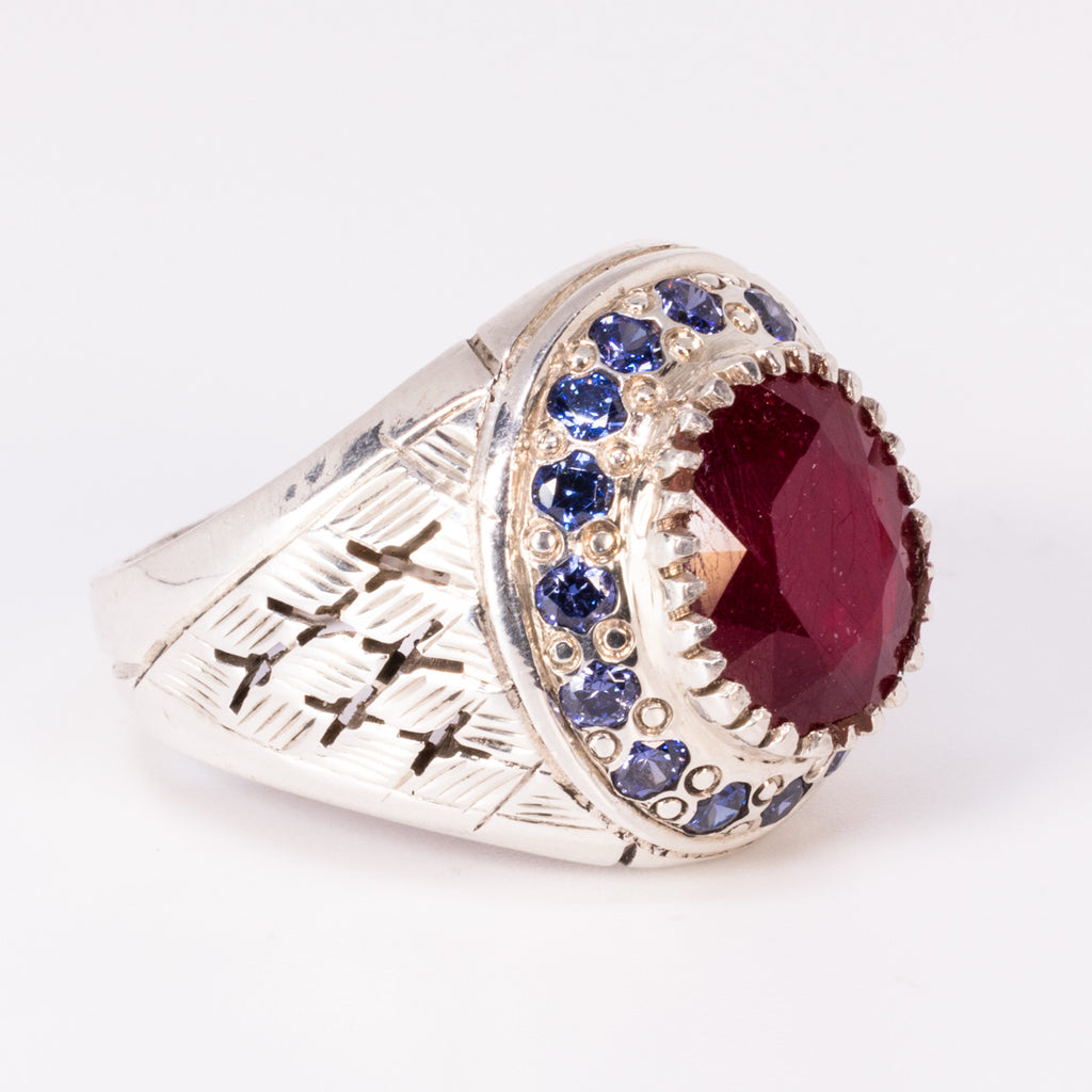 Oval Cut Ruby and Blue Topaz Ring in Sterling Silver and Rhodium