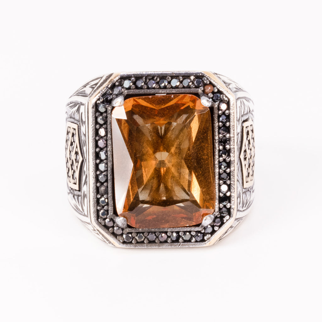 Emerald Cut Zultanite with Onyx Accents Ring in Sterling Silver and Rhodium