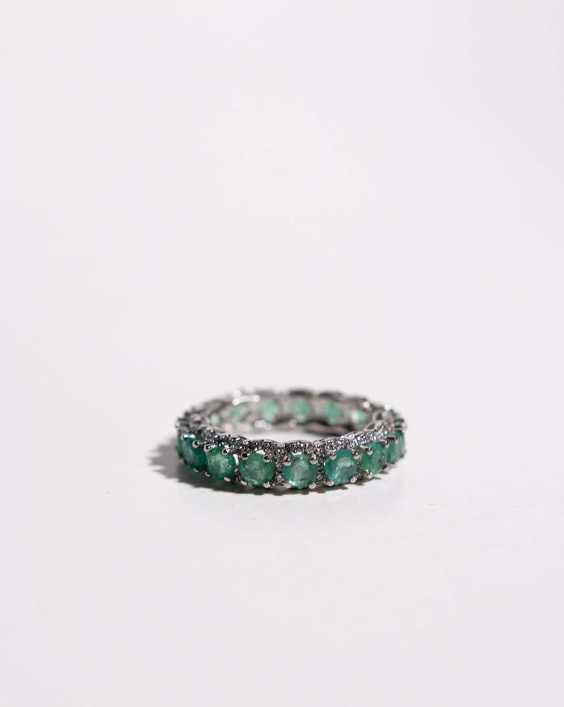 Emerald Band with White Zircon Halo in Sterling Silver and Rhodium