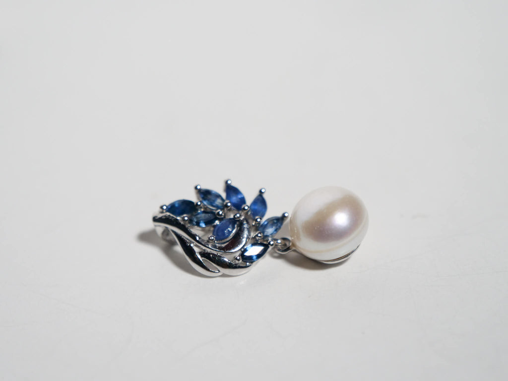Marquise Cut Sapphire and Pearl Pendant in Sterling Silver and Rhodium