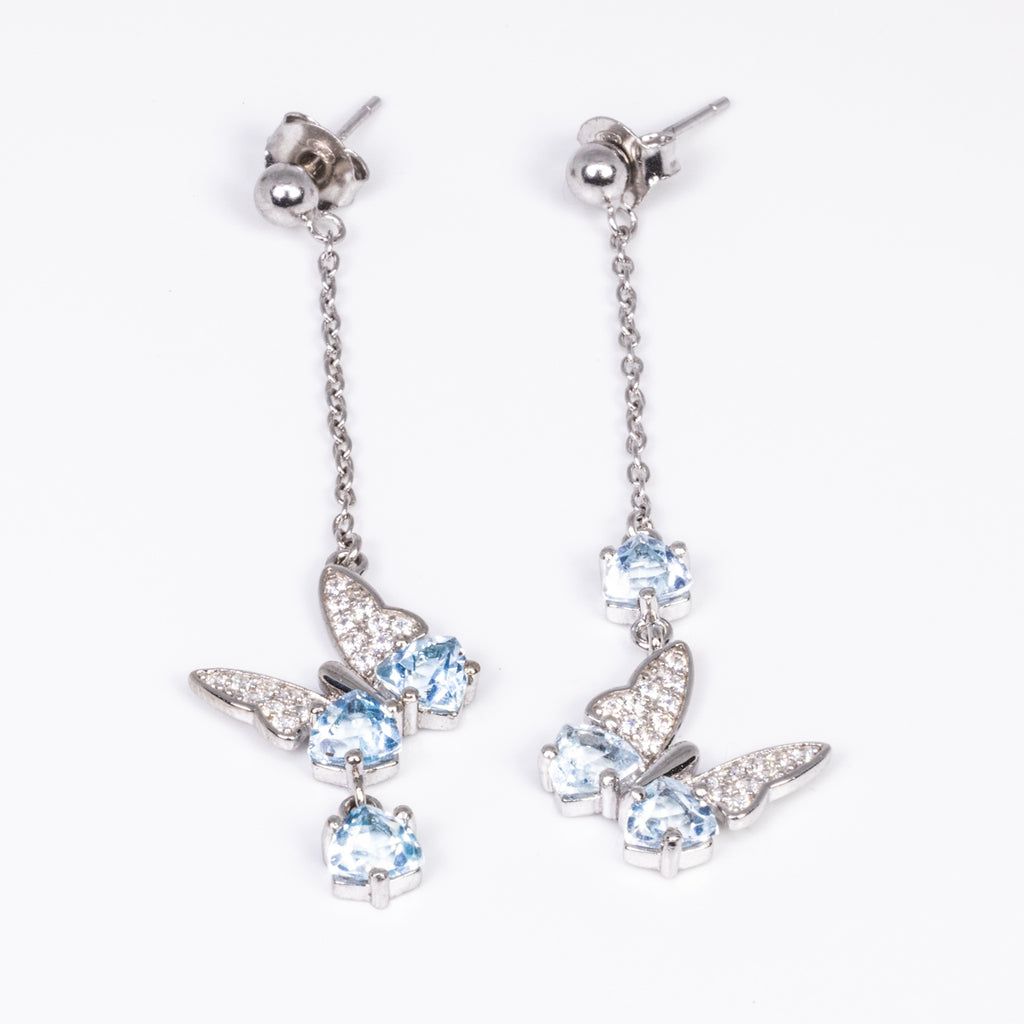 Aquamarine with White Zircon Butterfly Earring in Sterling Silver and Rhodium