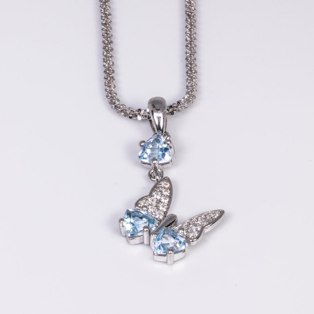 Aquamarine with White Zircon Butterfly Pendant in Sterling Silver and Rhodium