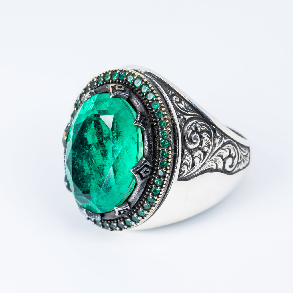 Emerald Stone Oval cut Ring in Sterling Silver and Rhodium