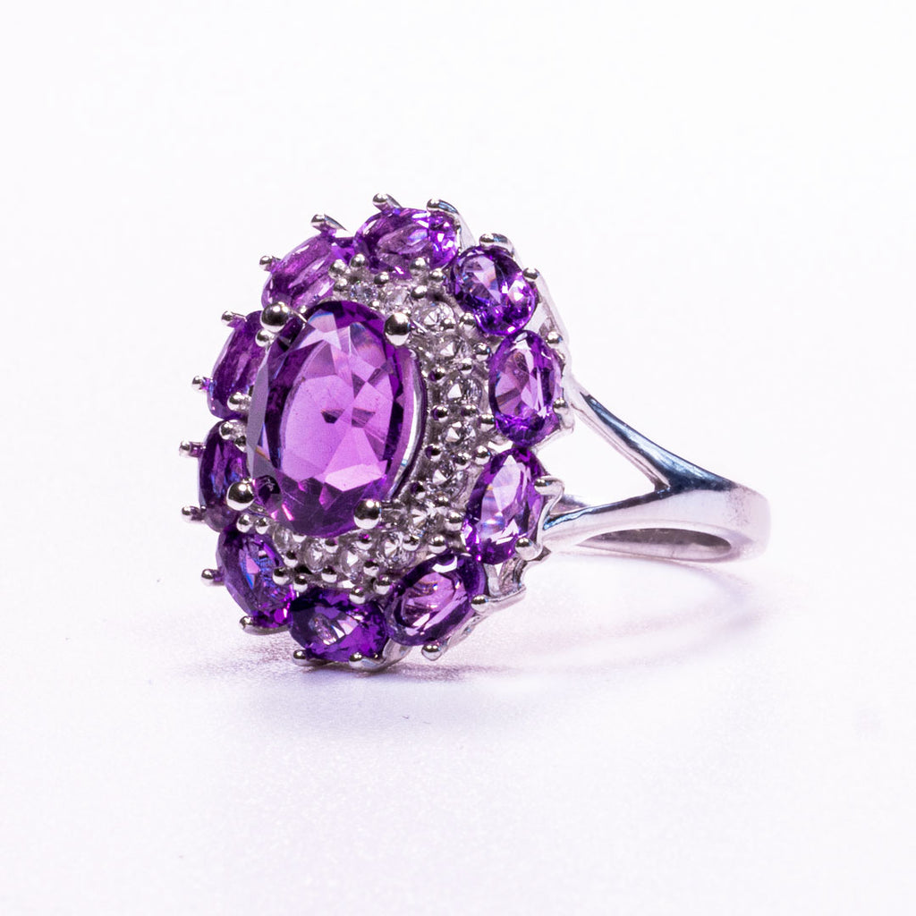 Amethyst With White Zircon Oval Cut Ring